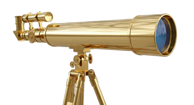 Golden Telescope on Tripod Against Transparent Background Reflecting Sky and Clouds Detailed Close-up View of Antique Brass Astronomy Instrument