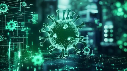 Coronavirus attacking digital circuit board with data lines - Powered by Adobe