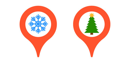 Set of two red map pin icons, one containing a blue snowflake and the other containing a green Christmas tree vector illustration