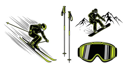 Dynamic winter sports collection featuring downhill skier, snowboarder jumping over mountains, ski poles, and goggles ready for snowy mountain adventures