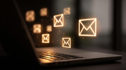 Digital communication concept glowing email icons emerge from laptop screen creating modern connection and outreach