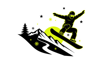 Naklejka premium Dynamic snowboarder silhouette soaring through snowy mountain landscape with bright sun and stars, celebrating winter sport adventure and freedom