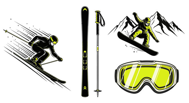 Get ready for winter sports with this vibrant skiing and snowboarding design element showcasing adventure and fun on the slopes for your next project