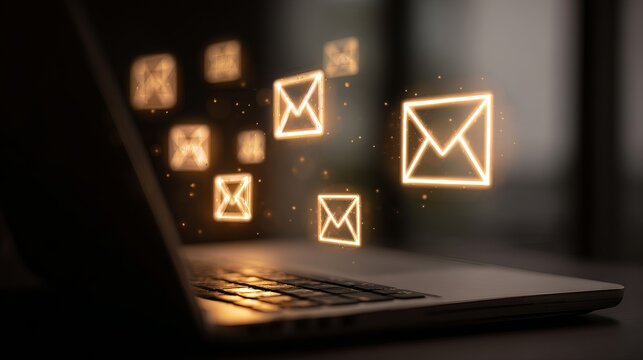 Digital communication concept glowing email icons emerge from laptop screen creating modern connection and outreach - Powered by Adobe