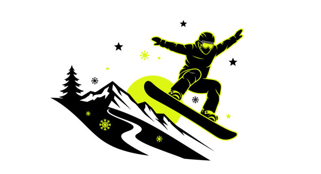 Dynamic snowboarder silhouette soaring through snowy mountain landscape with bright sun and stars, celebrating winter sport adventure and freedom