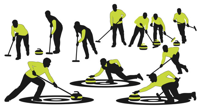 Dynamic curling team silhouettes showcase teamwork and precision during intense winter sports competition on ice with brooms and stones, emphasizing strategy