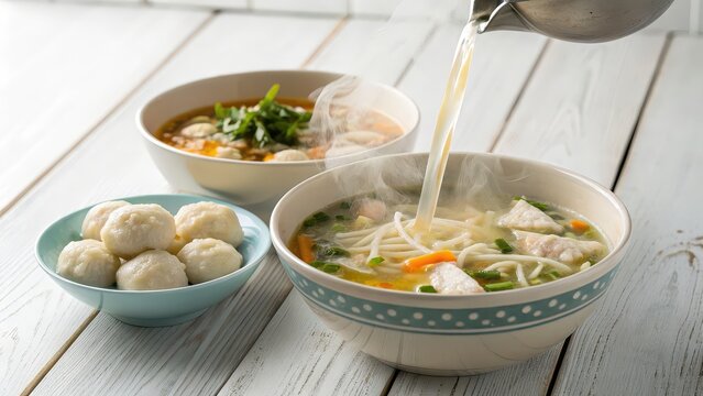 Hot Asian noodle soup with fresh fish balls, clear broth, classic Thai-style comfort meal