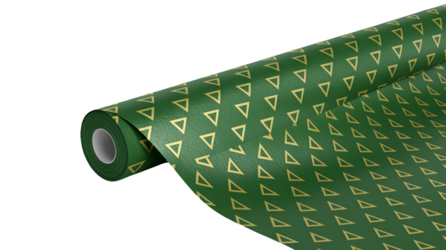 Luxurious green and gold triangle patterned roll offers a festive touch for holiday gift wrapping, crafts, and elegant design projects for celebrations