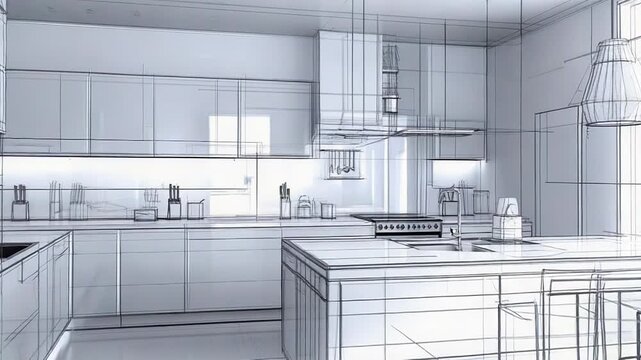 Modern kitchen interior sketch blueprint design concept