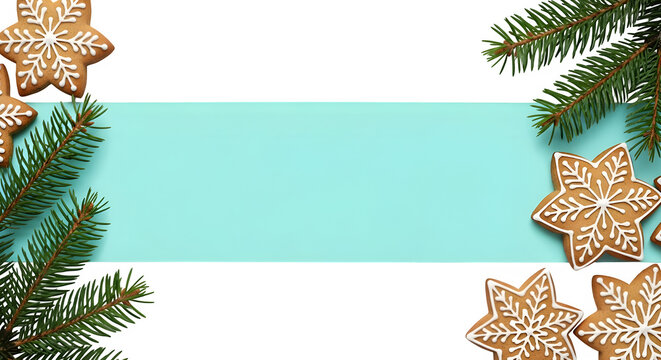 Festive christmas gingerbread cookies with fir tree branches, perfect for holiday season greeting card design