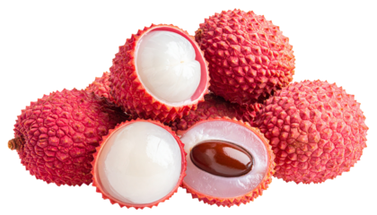 A pile of vibrant pink/red textured fruits with white flesh and brown pits