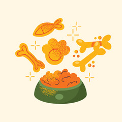 Pet food bowl with kibble, fish-shaped treat, bone treats and paw-shaped treat illustrated in vector style. Cartoon pet supply vector illustration. Animal care and feeding concept