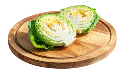 Freshly cut cabbage halves on a wood board with a shadow, lit by daylight