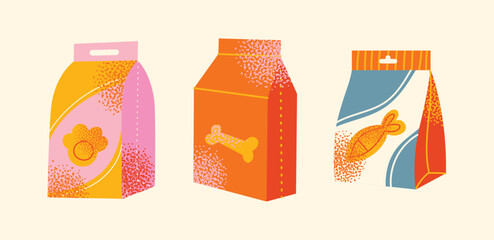 Set of various pet food packages, treats, bones, kibble. Flat vector illustration cartoon pet supplement meal snack. Animal care and feeding concept