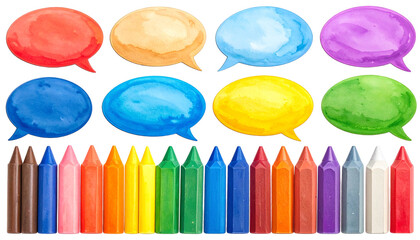 Colorful speech bubbles above a row of crayons arranged in rainbow order