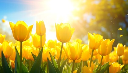 Sun-drenched yellow tulips in a garden, vibrant and cheerful against a bright blue sky, with bokeh elements