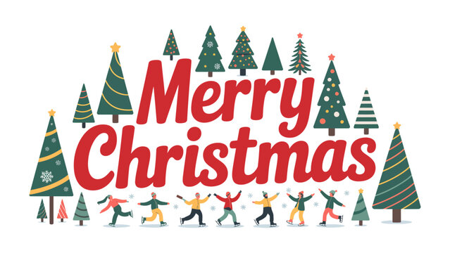 Holiday Cheer: An illustration of Merry Christmas with stylized trees and joyful figures conveys the festive spirit, perfect for holiday greetings.