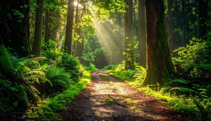 Obraz premium Sunlit dirt path winds through a lush, vibrant green forest with towering trees and dense foliage, illuminated by sunlight