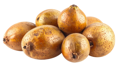 Pile of ripe, golden-brown tropical fruit with spotted skins and dark stems