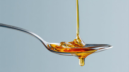 Close up of a spoon with maple syrup being poured over it, highlighting the sweet, sticky, and rich textures