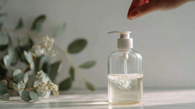 A hand is reaching towards a transparent soap dispenser, filled with liquid soap, set on a bright surface with some green plant