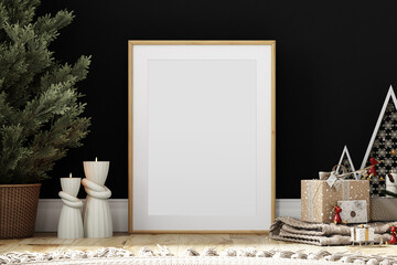 Interior mockup and frame mockup A4 in christmas home decor living room	
