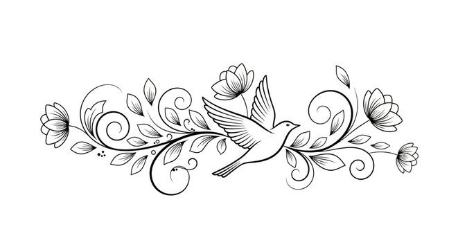 Elegant avian floral scrollwork design for invitation cards and similar delicate templates