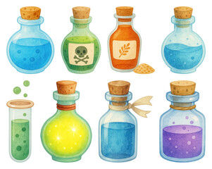 PNG Colorful magical potion bottles illustration, element set on transparent background