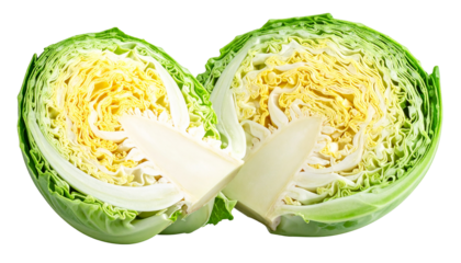 Sectioned head of a cabbage revealing pale yellow and green layered interior