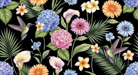 Fototapeta premium Lush floral arrangement with hummingbirds on dark backdrop creates captivating beauty