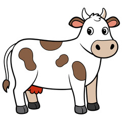 Cute cartoon cow with brown spots standing on a white background