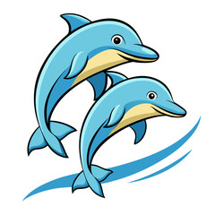 Two happy cartoon dolphins jumping out of the water