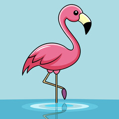 Cute pink flamingo standing on one leg in water