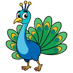 Cute cartoon peacock with colorful feathers on white background