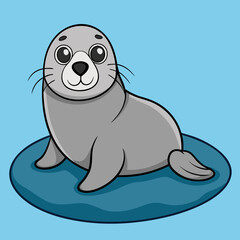 Cute cartoon seal sitting on a blue mat with a light blue background