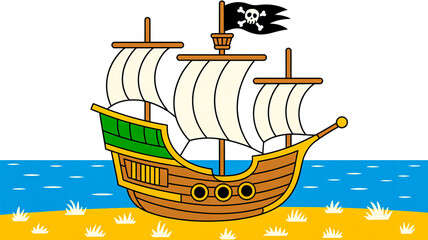 A cartoon illustration of a pirate ship with a black flag featuring a white skull and crossbones