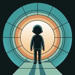 Silhouette of a person standing in a glowing circular portal