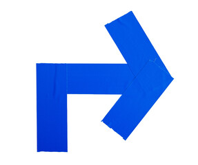 Obraz premium Blue adhesive sticky duct tapes in right pointing arrow shape isolated cutout in transparent background. Concept of navigation, direction symbol for path guide sign.