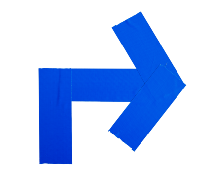 Blue adhesive sticky duct tapes in right pointing arrow shape isolated cutout in transparent background. Concept of navigation, direction symbol for path guide sign.