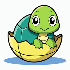 Cute baby turtle hatching from a yellow egg