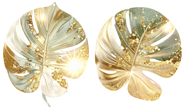 Two ornate golden leaves with glitter, sparkling and shining brightly - Powered by Adobe