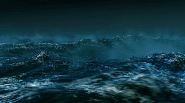 Stormy ocean at night, towering waves massive dark sea under low clouds, churning surf and foam, mist rising