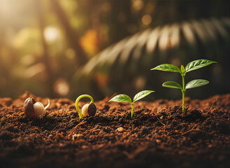 A vibrant, warm-toned horizontal composition illustrating the four critical stages of a coffee plant's early life. The series begins with the white seed shell splitting open, showcasing the radical an