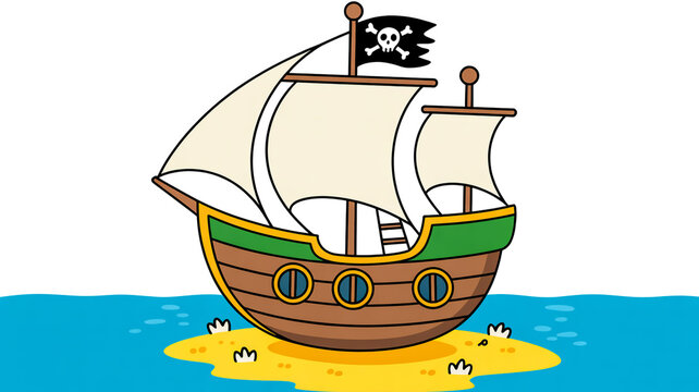 A cartoon illustration of a pirate ship with a black flag featuring a white skull and crossbones - Powered by Adobe