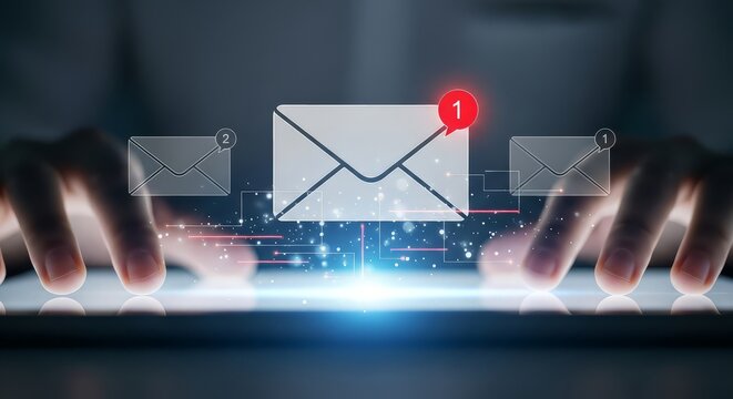 Hands interacting with digital tablet showing email notifications and glowing light effects online