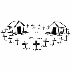 Minimilist two small buildings surrounded by a circle of crosses in a graveyard style sketch illustration vector