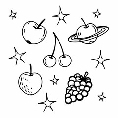 Minimilist illustration of fruits and stars with apples cherries and grapes in black and white doodle style art 100 vector