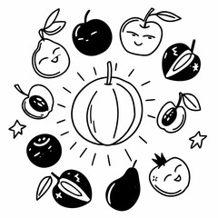 Minimilist collection of hand drawn fruits and stars arranged around a central shining melon illustration art vector