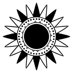 Minimilist illustration of a sun with alternating black and white rays and a dotted circle around the center vector