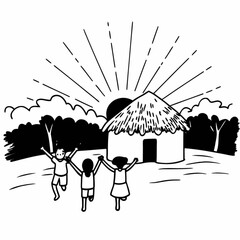 Minimilist children playing near a hut at sunset with trees and clouds in the background in black and white style vector